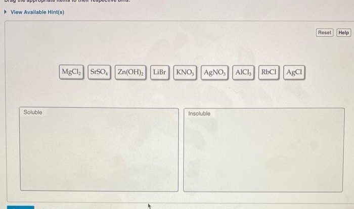 Soluble determine compound shown each if insoluble appropriate bins respective drag items solved their part transcribed problem text been show